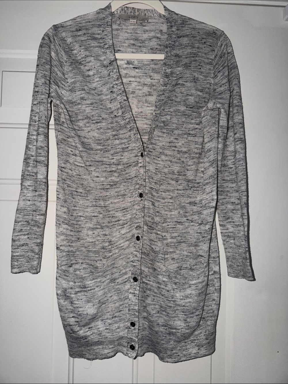 TALBOTS Light Gray Linen Blend Marled Button-Up Cardigan. Brass buttons. Sz SP